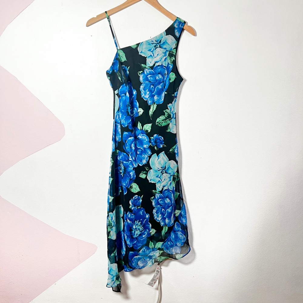 Vintage y2k 2000s Fairy Asymmetrical Midi Dress Sz 6 Black Blue Floral Fairycore